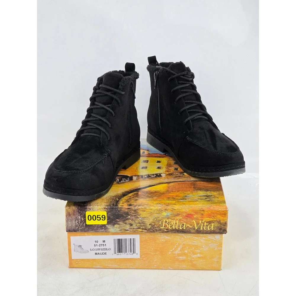 Bella Vita Maude Ankle Boots Women 10 Black Faux Suede Faux Fur Trim - NEW